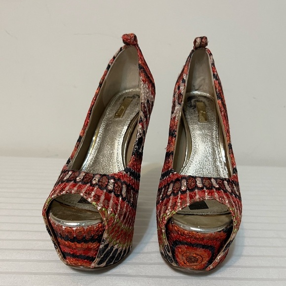 Wild Pair Retro Orange Multicolor Spike Peep Toe High Heels Stilettos Size 6M - Picture 4 of 14